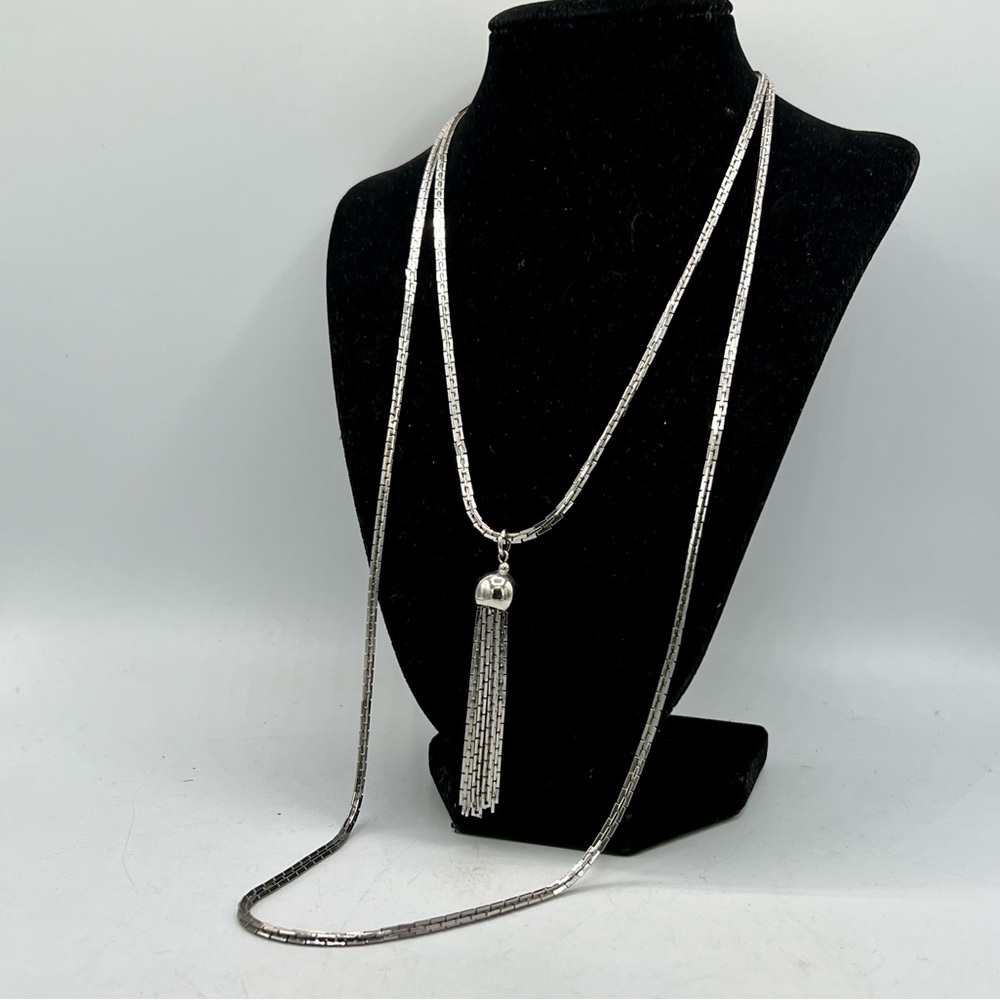 Vintage silver tone multi strand tassel chain necklace 16”